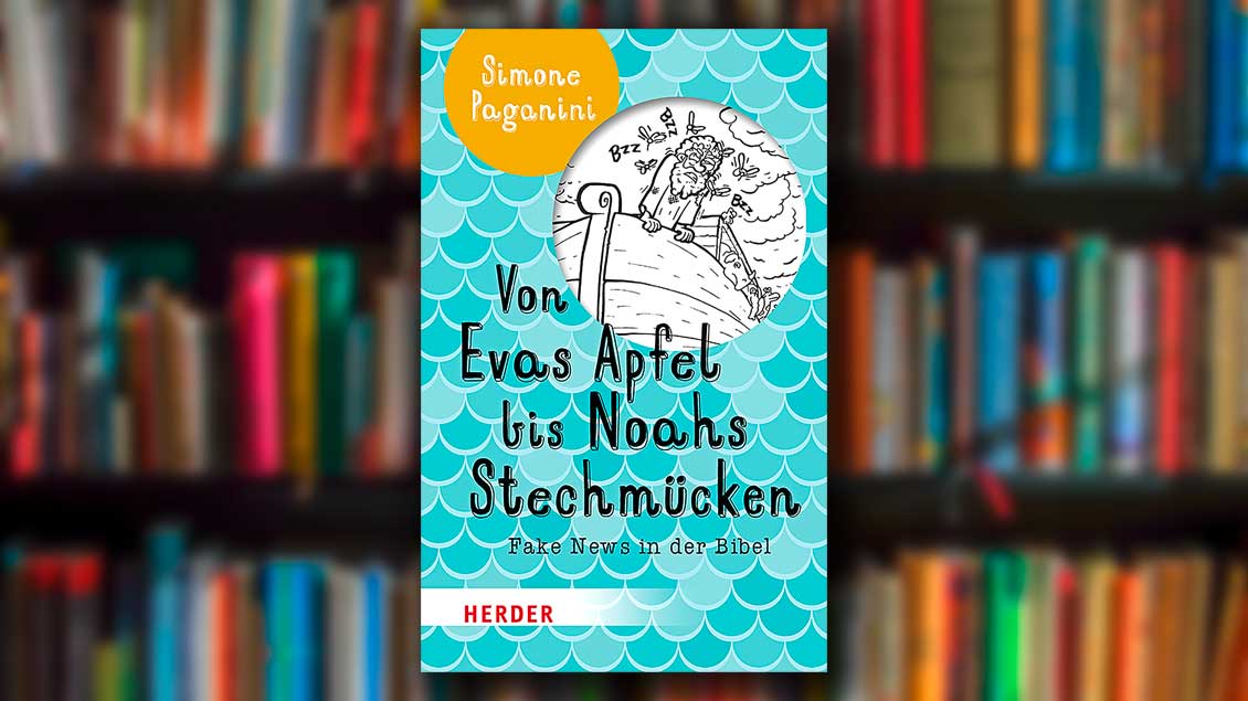 Das Cover des Buches "Von Evas Apfel bis Noahs Stechmücken" von Simone Paganini mit einer Karikatur, die den von Mücken umschwärmten Noah in seiner Arche zeigt.