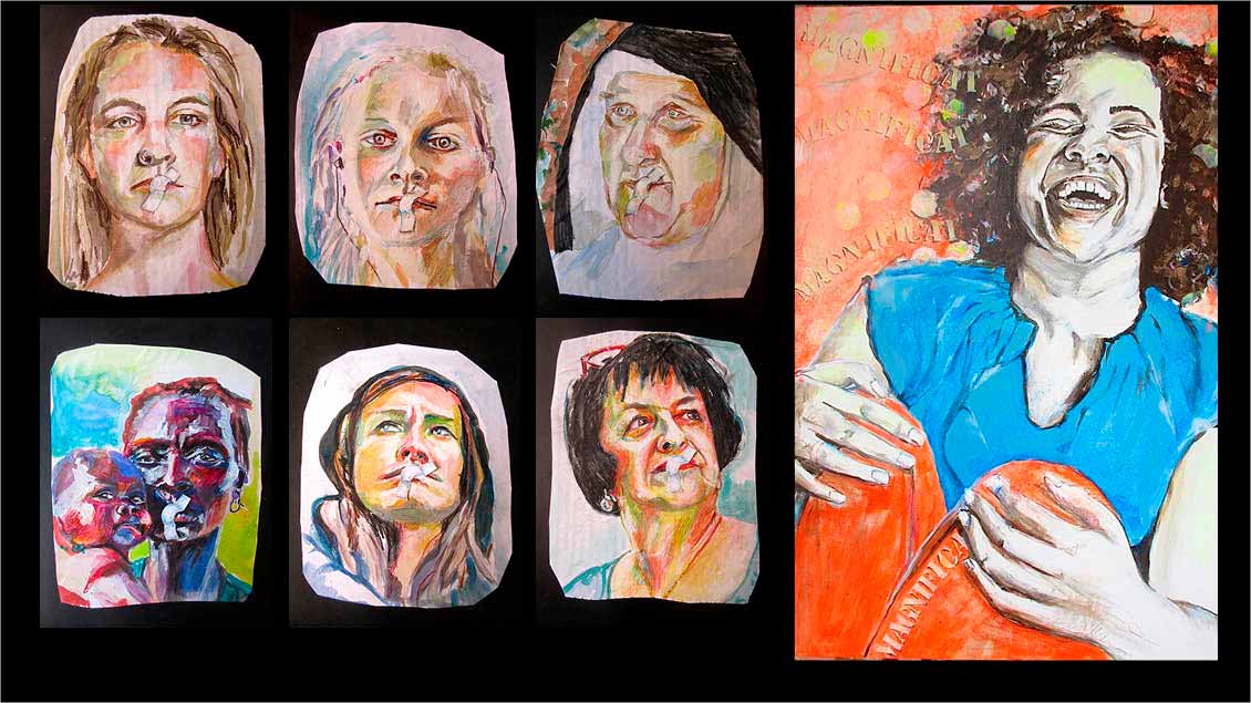Sieben Gemälde von Menschen. Sechs von ihnen haben ihre Münder zugeklebt, eine Frau lacht