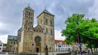 Der Osabrücker Dom. Rechts im Bild ein grüner Baum. Der Himmel ist wolkenverhangen.